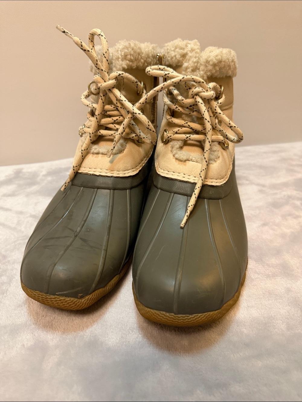 Sperry Olive Green and Cream Winter Duck Boots